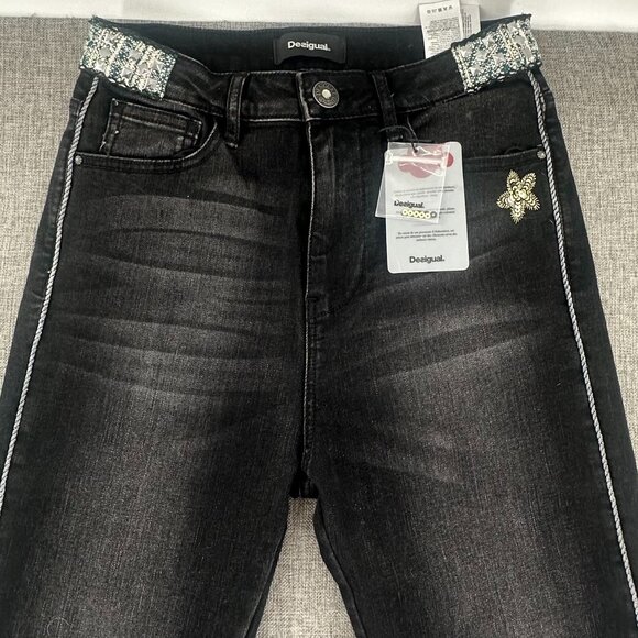 NEW! Desigual Exotic Skinny Jeans‎ 28 waist Black Embellished Cotton blend - Picture 6 of 16